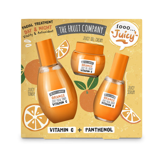 Packaging of The Fruit Company facial treatment set with orange-themed design.