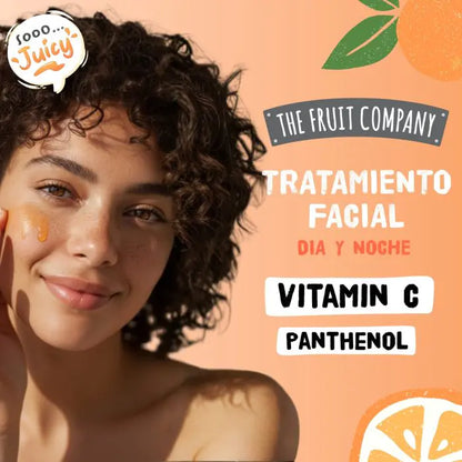 Woman applying facial treatment with 'The Fruit Company' branding on an orange background