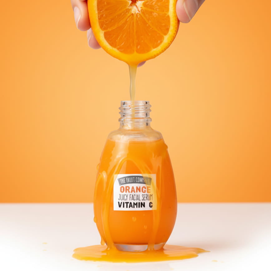 Orange juice being poured from a sliced orange into a bottle labeled 'Orange Juice Facial Serum Vitamin C' on an orange background.