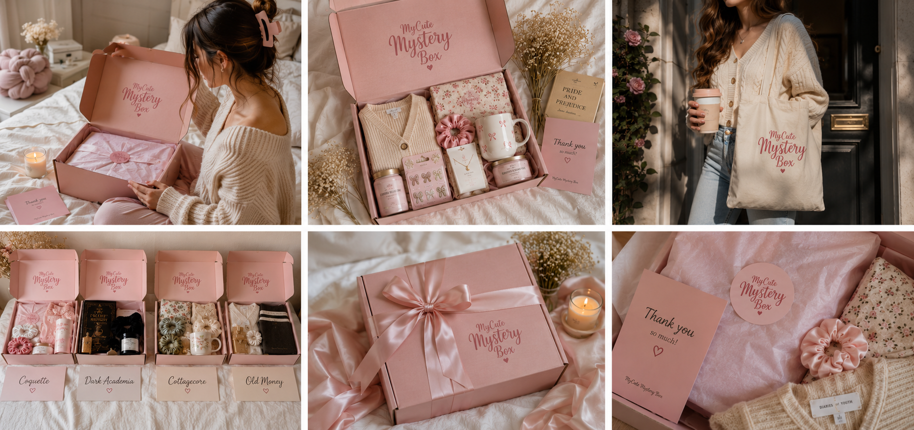 A six-panel collage showcasing a cozy, pink-themed gift set and tote bag collection. The panels feature a woman opening a pink box labeled 'My Mystery Box', a matching pink tote bag with 'My Bag' printed on it, and various pink accessories including a mug, candle, and notebooks, all arranged in a warm, soft aesthetic.