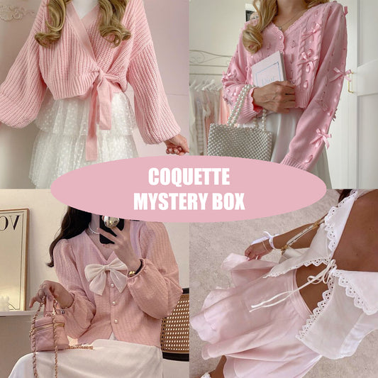 A collage of items from a Coquette Mystery Box, showcasing a pink striped shirt, white lace skirt, and other accessories.