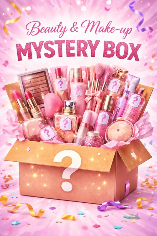 Mystery beauty and makeup box with pink and gold theme on a pink background