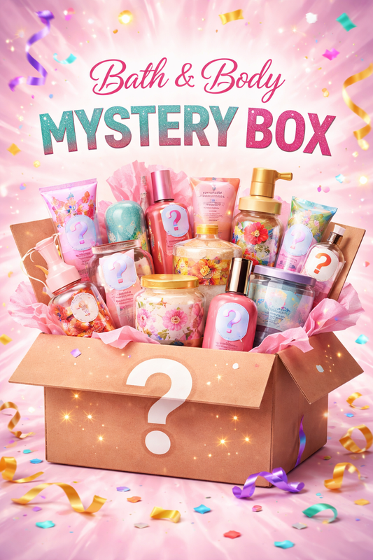 Bath and body products in a mystery box with colorful confetti on a pink background