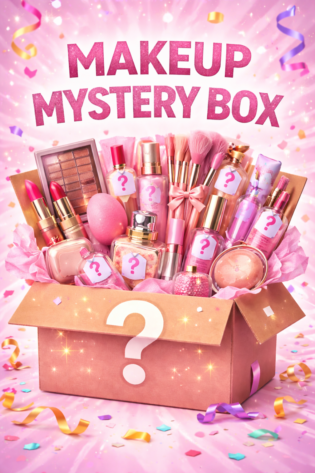 Makeup mystery box with various items on a pink background