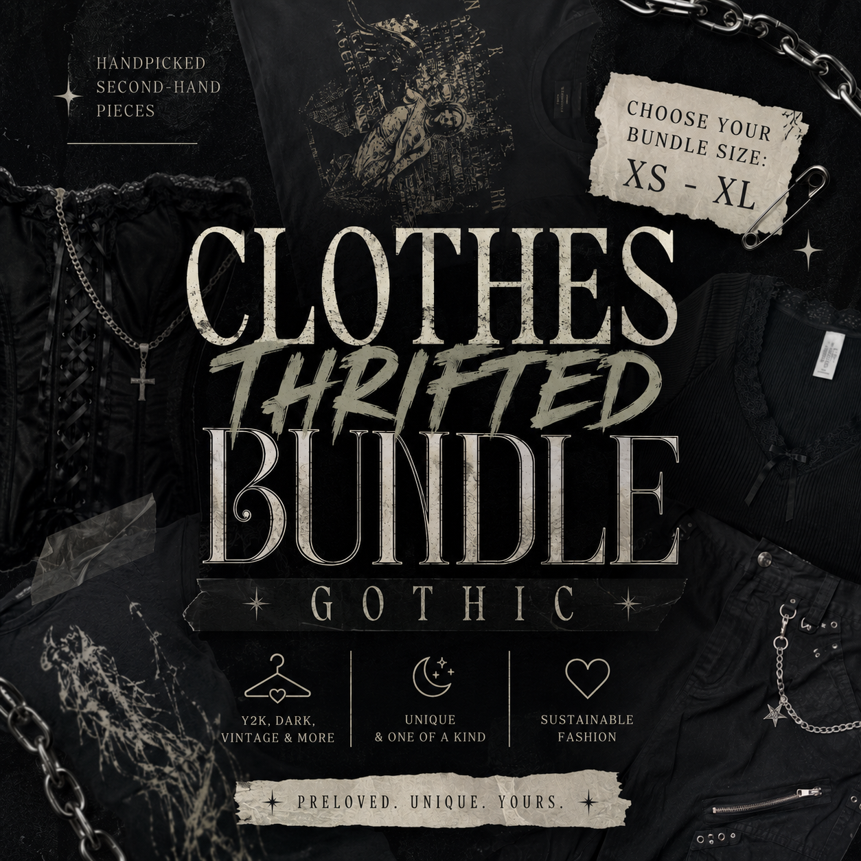 Promotional graphic for a 'Clothes Thrifted Bundle Gothic' featuring gothic clothing items like a black lace corset, a silver cross necklace, and a chain, with text indicating choice of bundle sizes XS-XL and features for Y2K, dark, vintage, and more clothing.