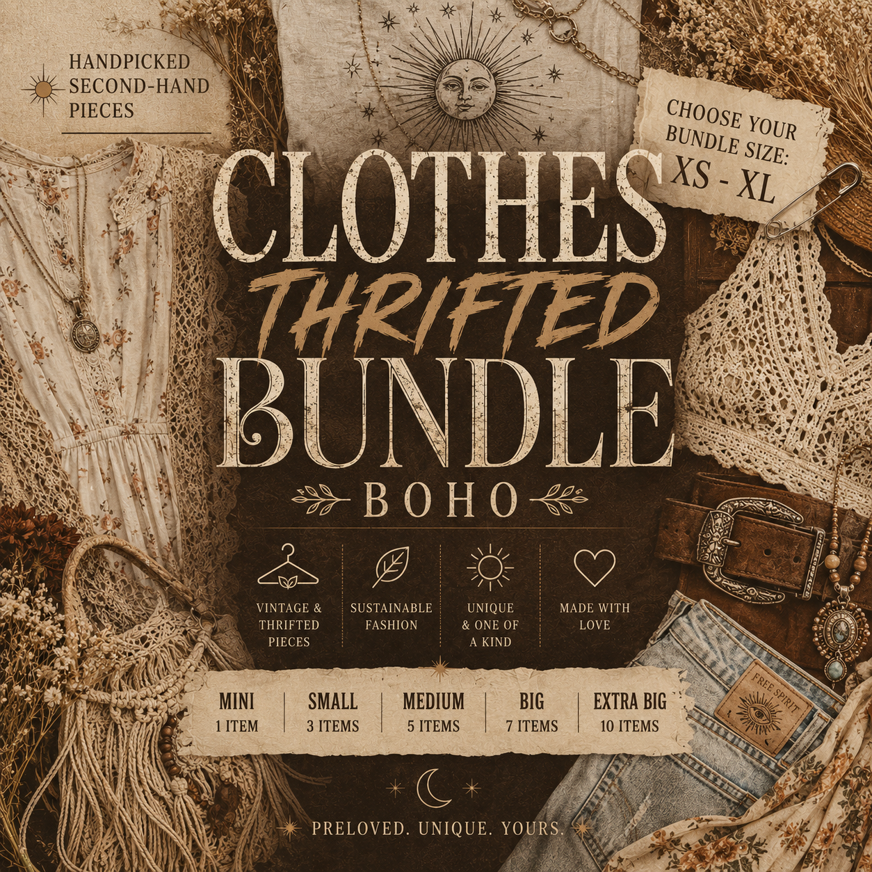 Promotional graphic for a 'Clothes Thrifted Bundle Boho' featuring vintage clothing, lace, denim, and accessories in a warm sepia-toned collage. Text highlights handpicked second-hand pieces, choosing bundle sizes XS-XL, and listing qualities like vintage, thrifted, sustainable fashion, and made with love.