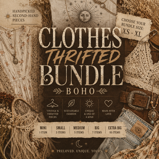 Promotional graphic for a 'Clothes Thrifted Bundle Boho' featuring vintage clothing, lace, denim, and accessories in a warm sepia-toned collage. Text highlights handpicked second-hand pieces, choosing bundle sizes XS-XL, and listing qualities like vintage, thrifted, sustainable fashion, and made with love.