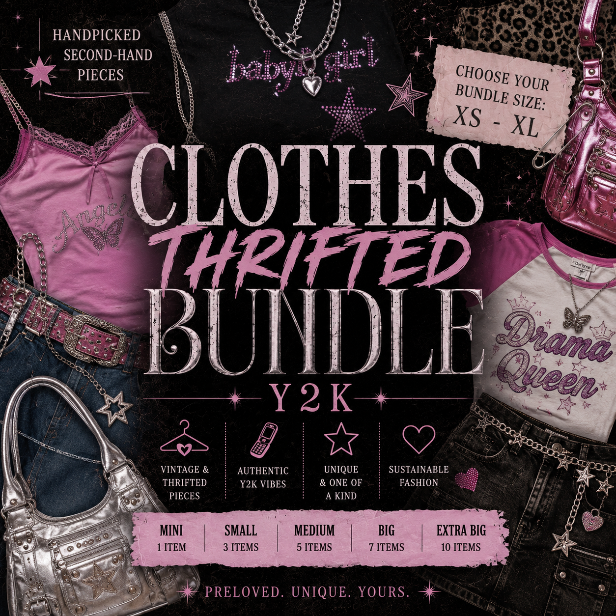 Promotional graphic for a 'Clothes Thrifted Bundle Y2K' featuring various second-hand fashion items like a pink lace camisole, a denim jacket, a metallic handbag, and a graphic t-shirt on a dark background with pink and silver text overlays.
