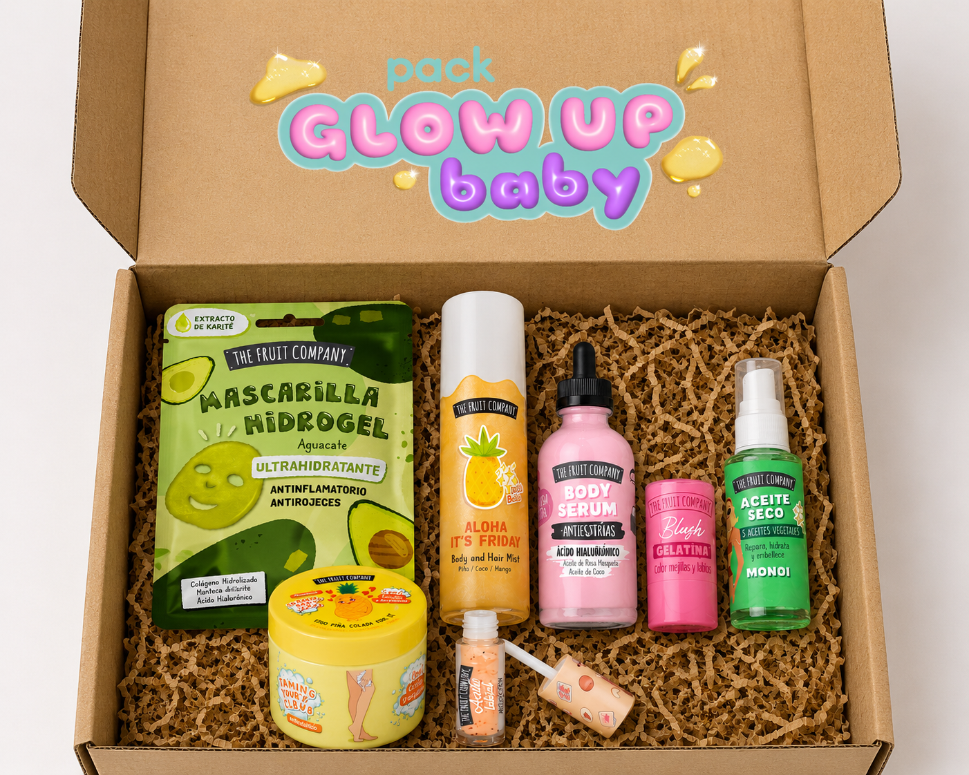 Open box containing various skincare products with 'Pack Glow Up Baby' branding.