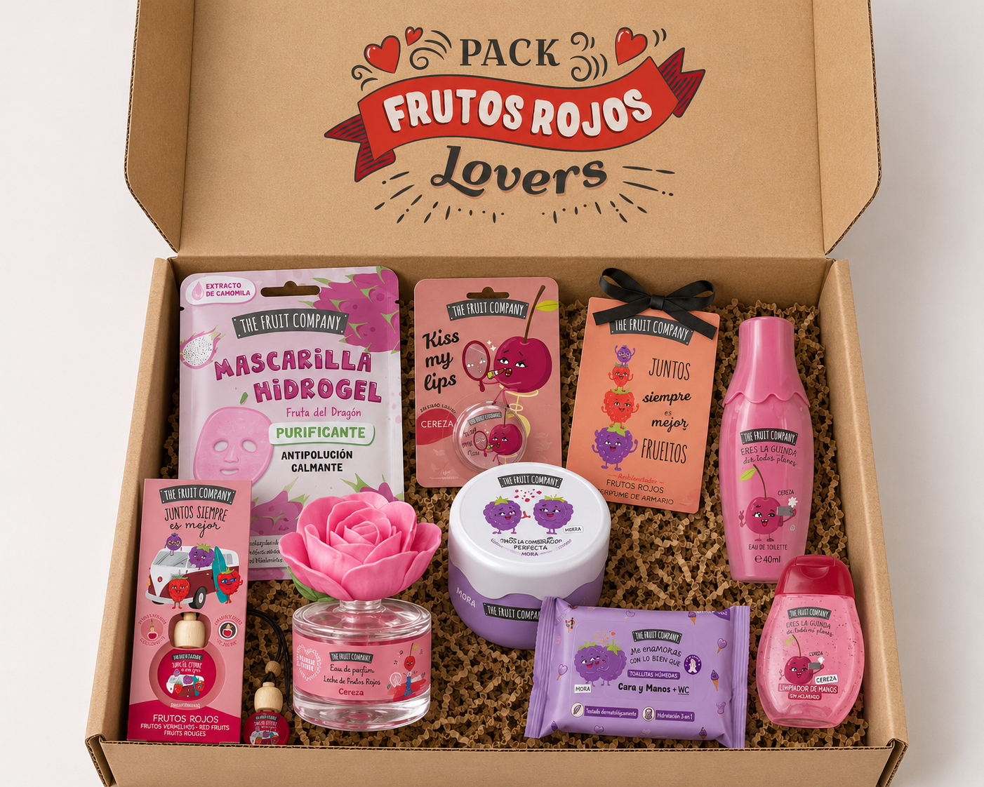 Packaged products with pink and purple branding on a white background