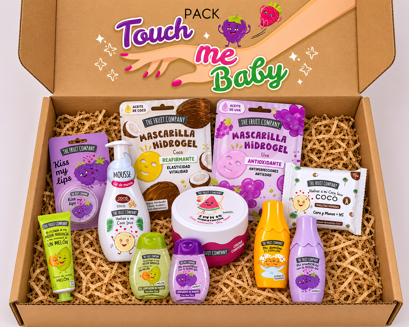 Box of 'Touch Me Baby' skincare products with various items including bottles and packets.