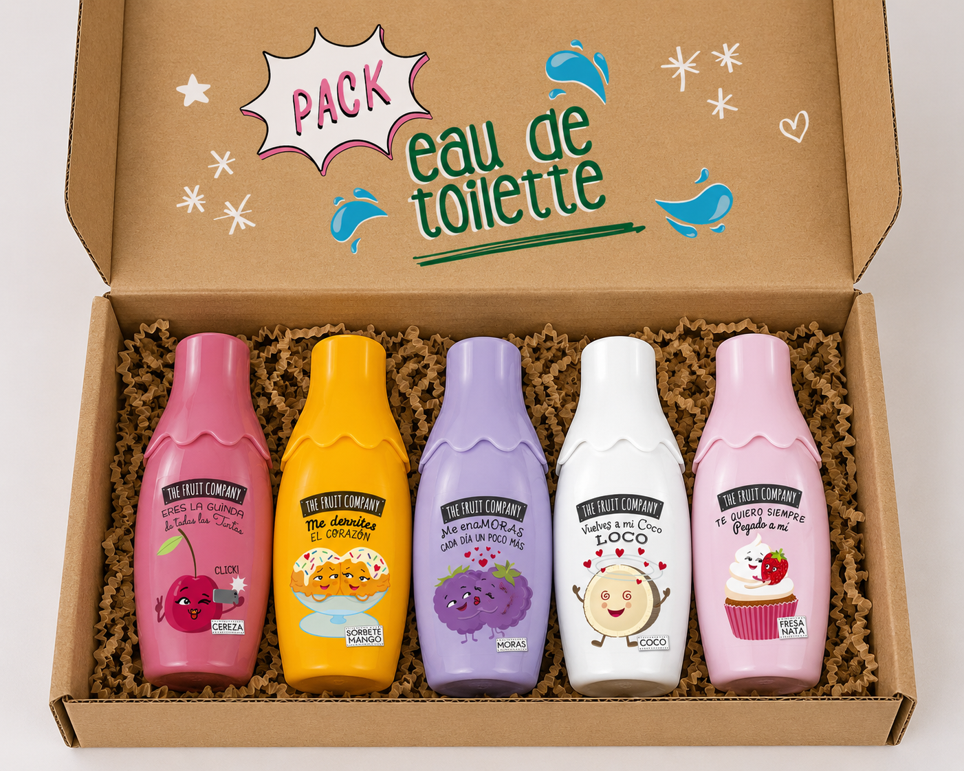 Five small bottles of toilet water in different colors arranged in a cardboard box labeled 'Pack Eau de Toilette'.