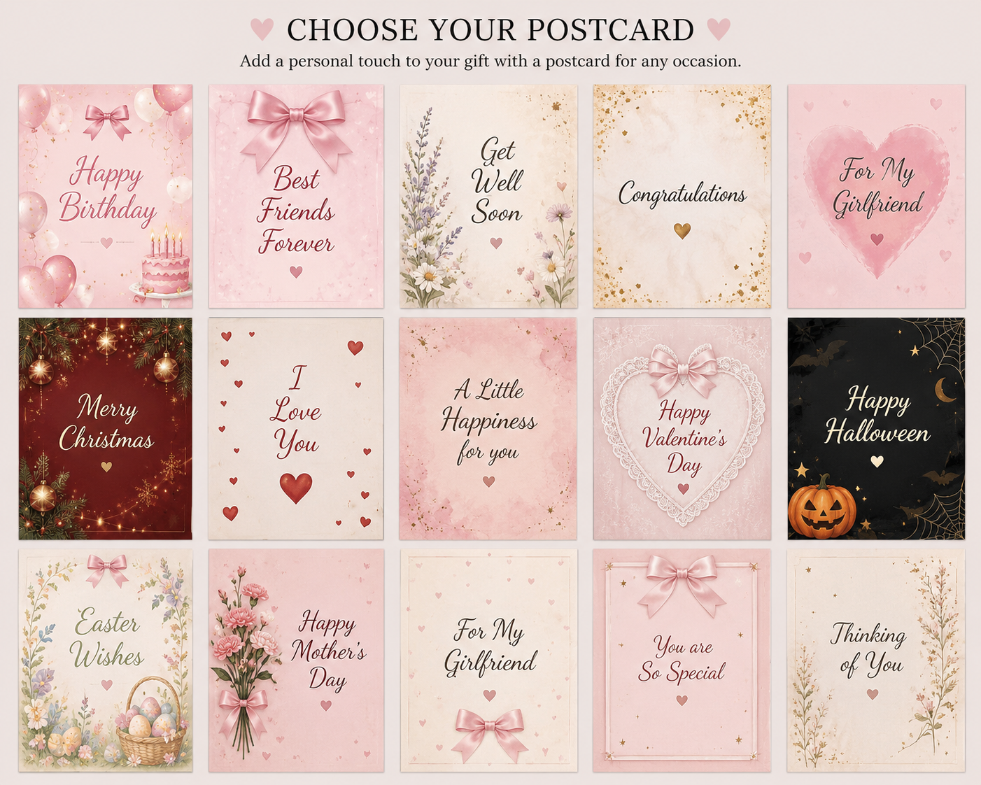 Collection of various postcards with different occasions on a pink background