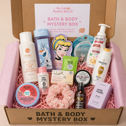 Bath and body mystery box with various products including bottles and a hair mask, branded 'My Cute Mystery Box Co'.