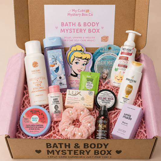 Bath and body mystery box with various products including bottles and a hair mask, branded 'My Cute Mystery Box Co'.
