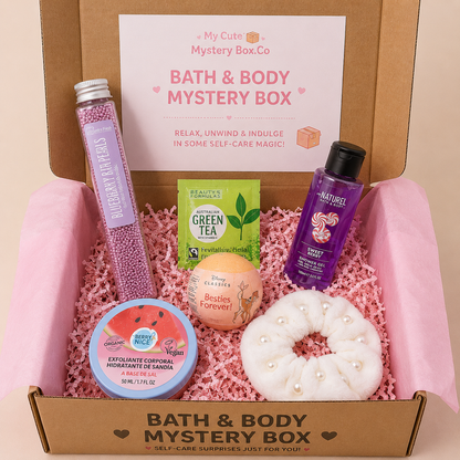 Bath and body mystery box with various products including a bottle, soap, and candle.