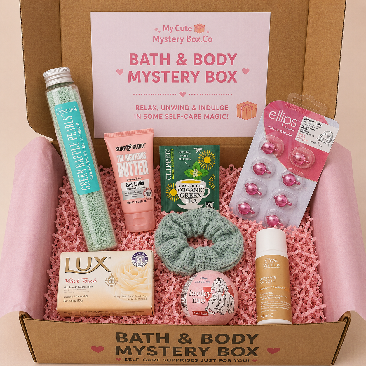 Bath and body mystery box with various products including soap, lotion, and scrunchie.