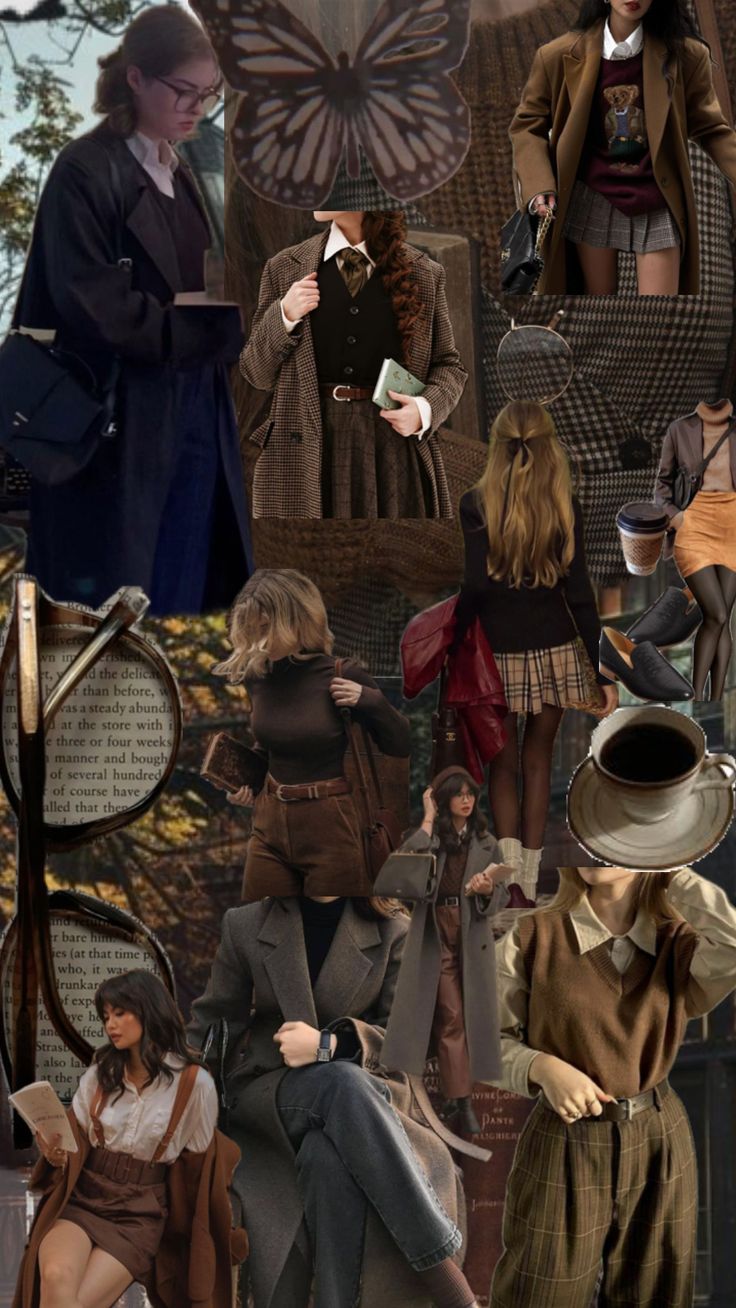 A collage of multiple women in vintage-style clothing and accessories, including coats, skirts, boots, and hats, arranged together with decorative elements like a butterfly motif and circular text panels.