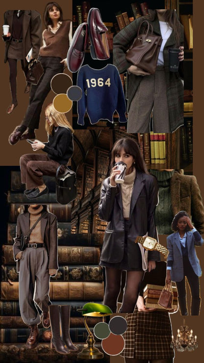 A collage-style fashion image featuring multiple cutout models wearing brown and gray clothing, with a navy sweater reading '1964' and several color swatches overlaid. The background is a dark, bookshelf-like interior.