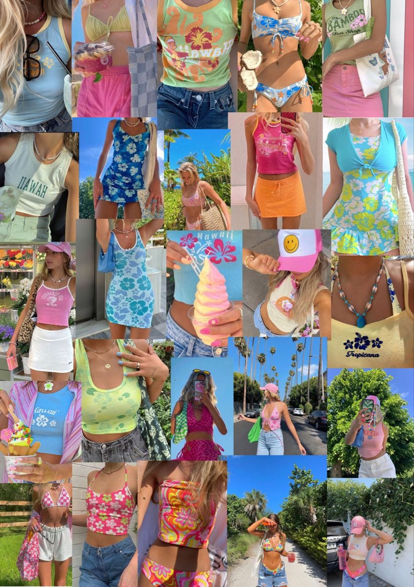 A 5x5 grid collage of photos showing a woman modeling various colorful summer outfits, including tank tops, crop tops, swimsuits, and shorts, in outdoor settings.
