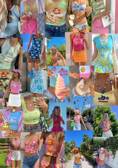 A 5x5 grid collage of photos showing a woman modeling various colorful summer outfits, including tank tops, crop tops, swimsuits, and shorts, in outdoor settings.