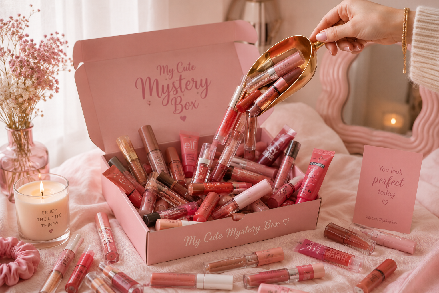 A pink subscription beauty box labeled 'My Cute Mystery Box' filled with lipsticks and lip glosses, with a hand pouring products from a gold scoop into the box. The scene is styled on a bed with a candle, dried flowers, and a pink card.