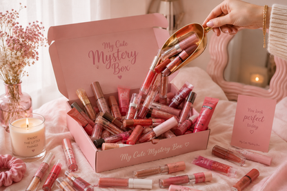 A pink subscription beauty box labeled 'My Cute Mystery Box' filled with lipsticks and lip glosses, with a hand pouring products from a gold scoop into the box. The scene is styled on a bed with a candle, dried flowers, and a pink card.
