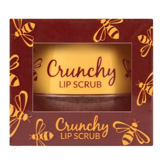 Crunchy lip scrub packaging with bee designs on a red background