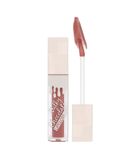 Lip gloss with applicator and packaging on a white background