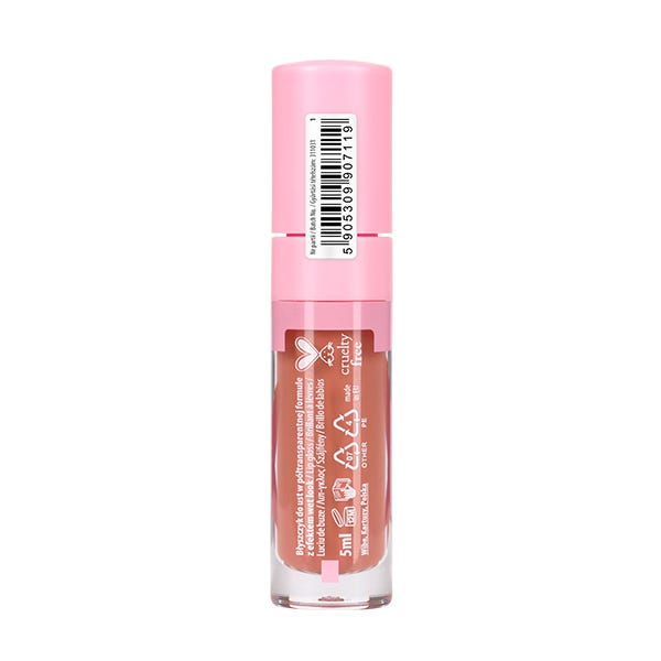 Lip gloss with pink cap and clear body on a white background