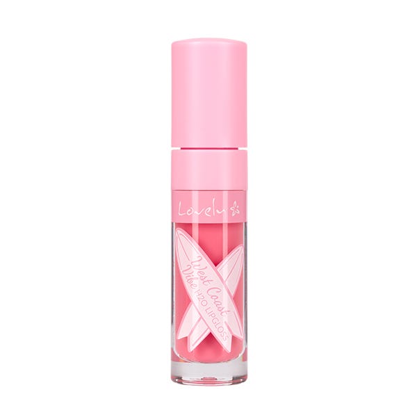 Pink lip gloss with a clear cap on a white background
