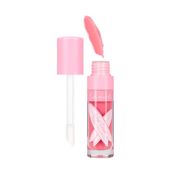 Pink lip gloss with applicator on a white background