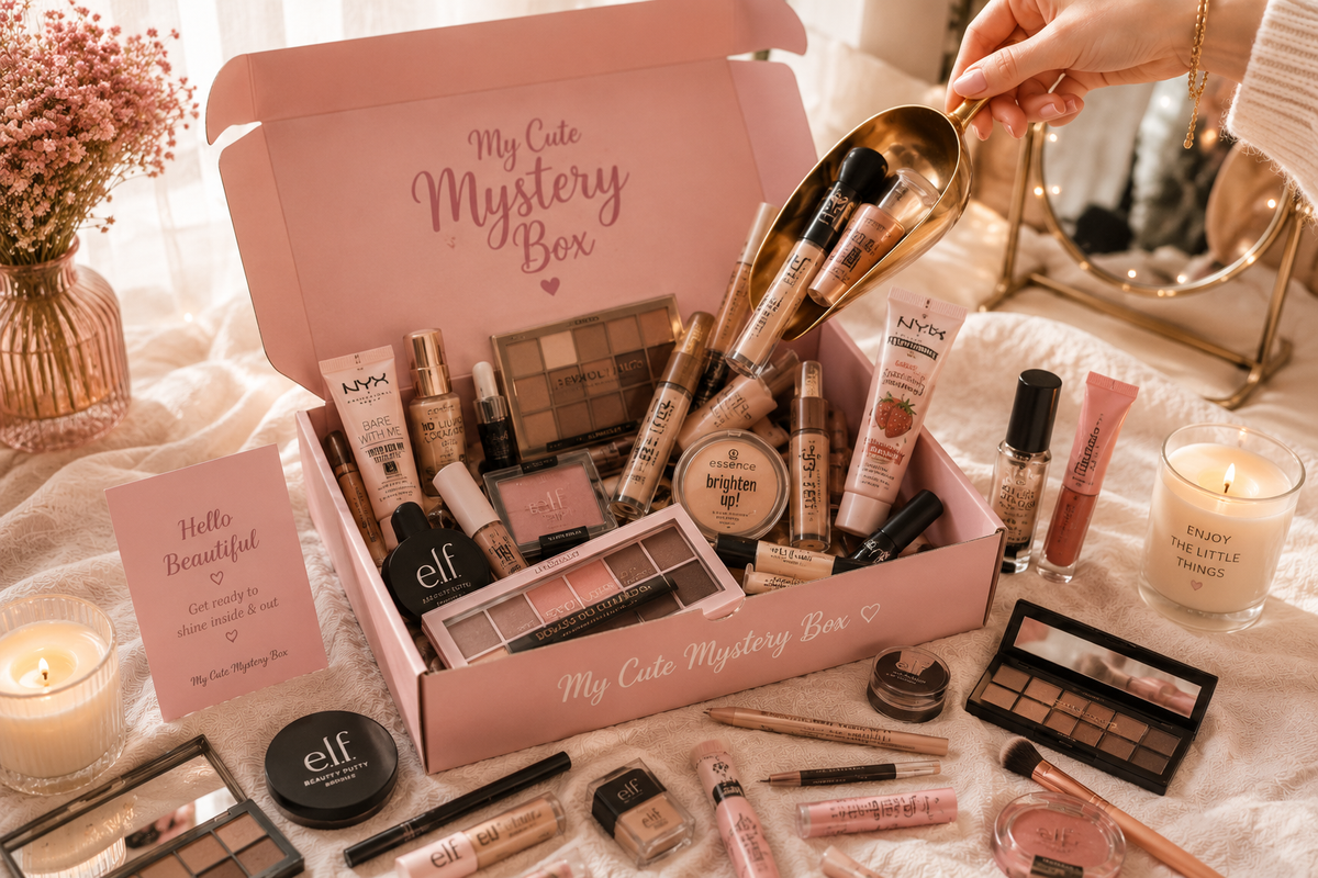 A pink subscription beauty box labeled 'My Cute Mystery Box' filled with various makeup products, surrounded by additional cosmetics and candles on a soft white fabric surface.