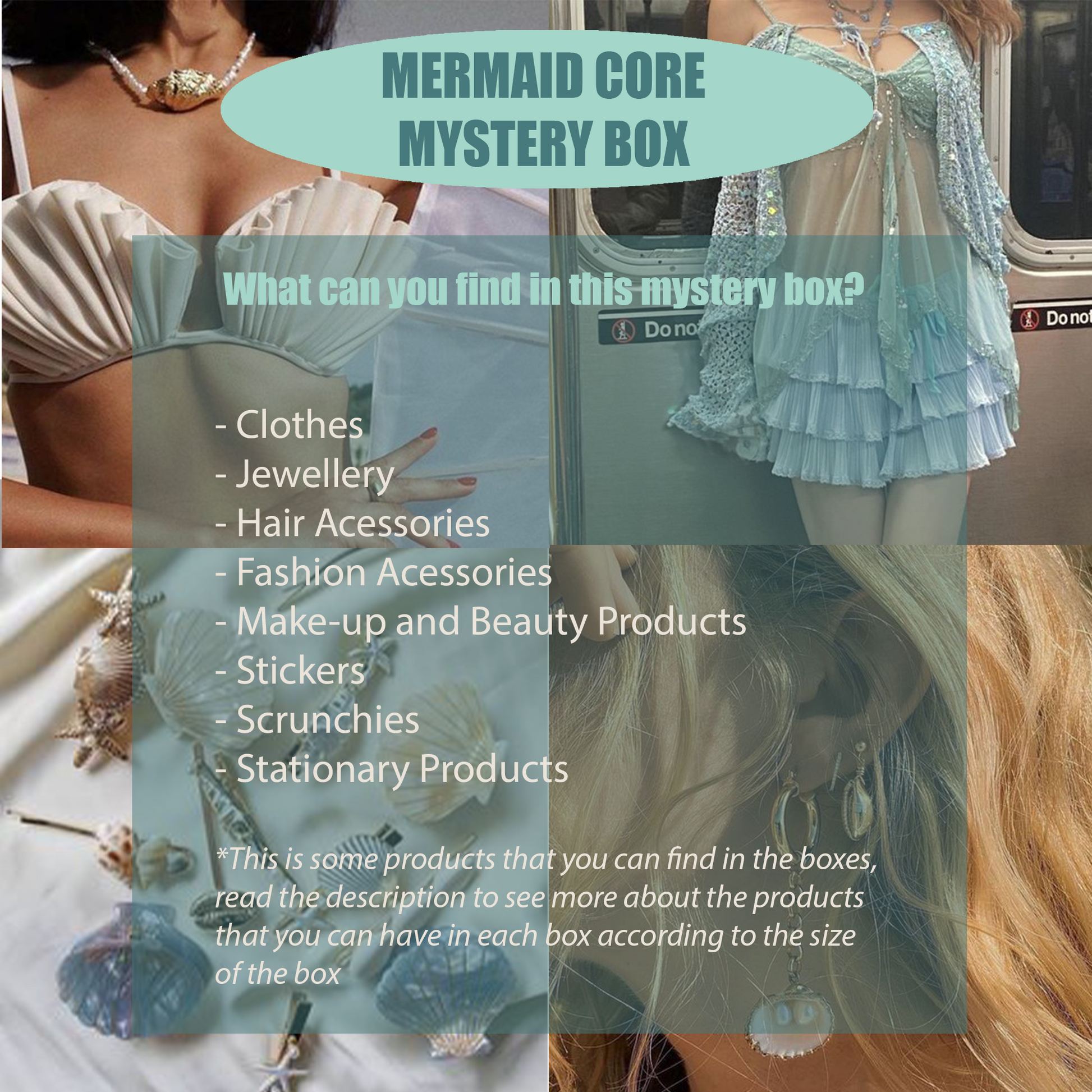 Promotional graphic for a 'Mermaid Core Mystery Box' featuring a list of included items such as clothes, jewellery, hair accessories, fashion accessories, make-up and beauty products, stickers, scrunchies, and stationery. The background is a collage of images showing a light blue mermaid dress, a close-up of a model's neck with a pearl necklace, and a mermaid tail accessory.