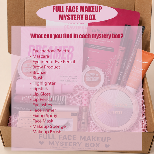 Makeup mystery box with pink packaging and product list on a beige background