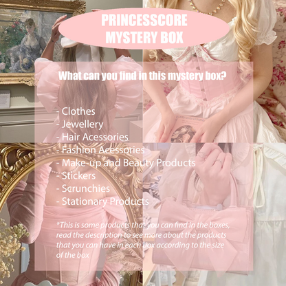 Promotional graphic for a 'PRINCESSCORE MYSTERY BOX' featuring a blonde woman in a pink and white Victorian-style dress holding a pink satin bag, with a mirror reflection and a list of included items such as clothes, jewellery, hair accessories, fashion accessories, make-up and beauty products, stickers, scrunchies, and stationery products.