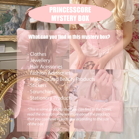 Promotional graphic for a 'PRINCESSCORE MYSTERY BOX' featuring a blonde woman in a pink and white Victorian-style dress holding a pink satin bag, with a mirror reflection and a list of included items such as clothes, jewellery, hair accessories, fashion accessories, make-up and beauty products, stickers, scrunchies, and stationery products.