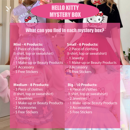 Promotional graphic for Hello Kitty mystery boxes with product details.