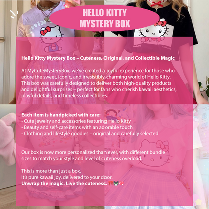 Promotional graphic for Hello Kitty Mystery Box with text and images of Hello Kitty products.