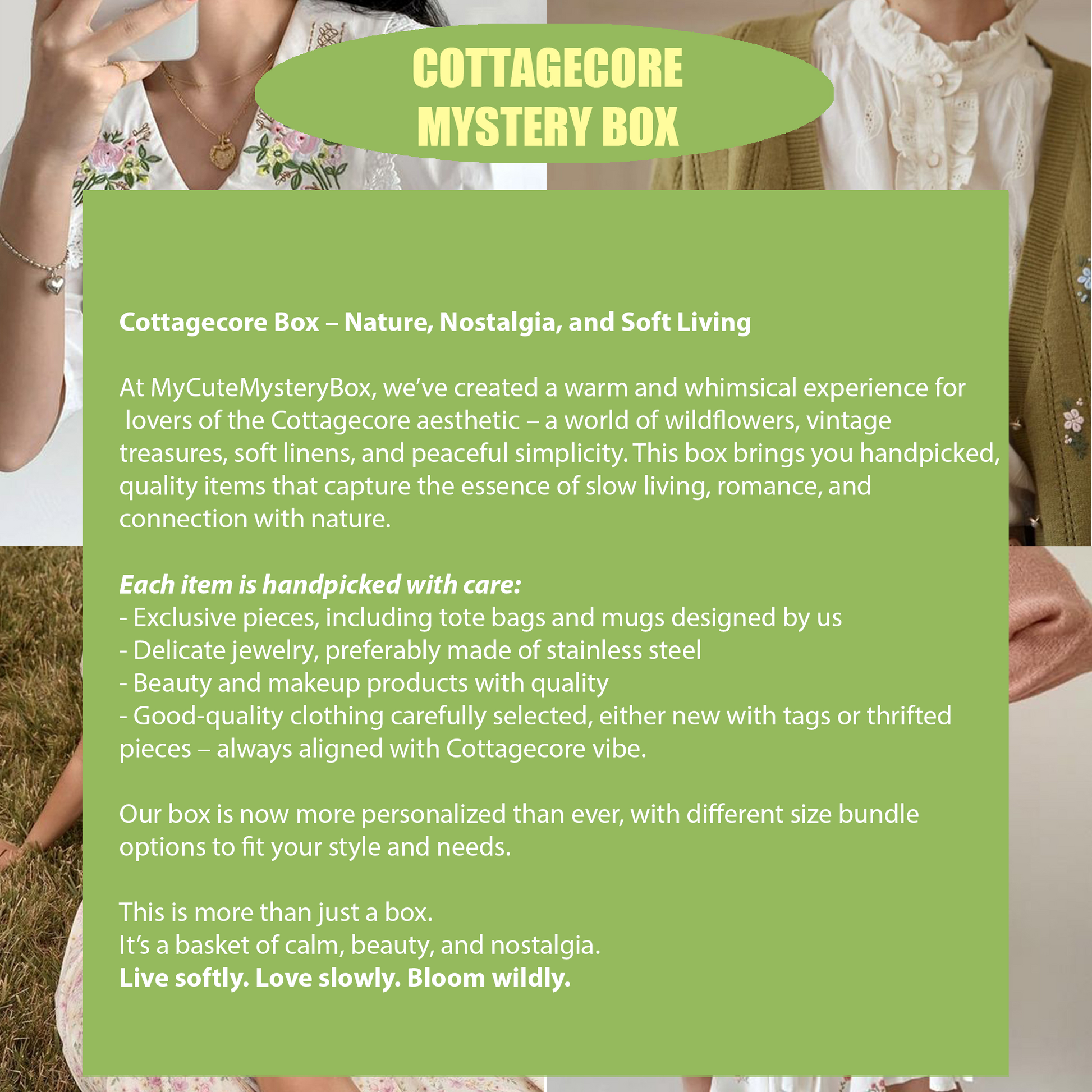 Green promotional box for Cottagecore Mystery Box with text and blurred background of people holding a box.