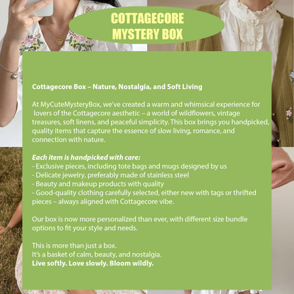 Green promotional box for Cottagecore Mystery Box with text and blurred background of people holding a box.