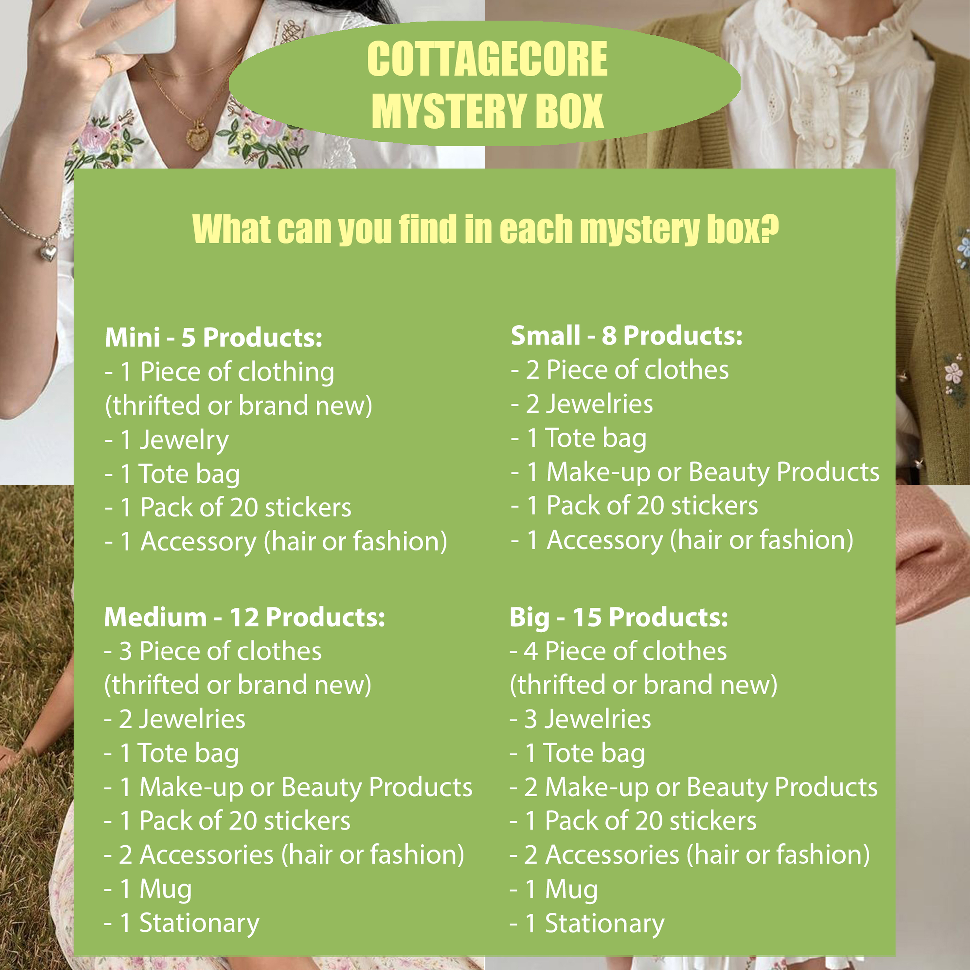 Green promotional panel describing contents of mystery boxes.