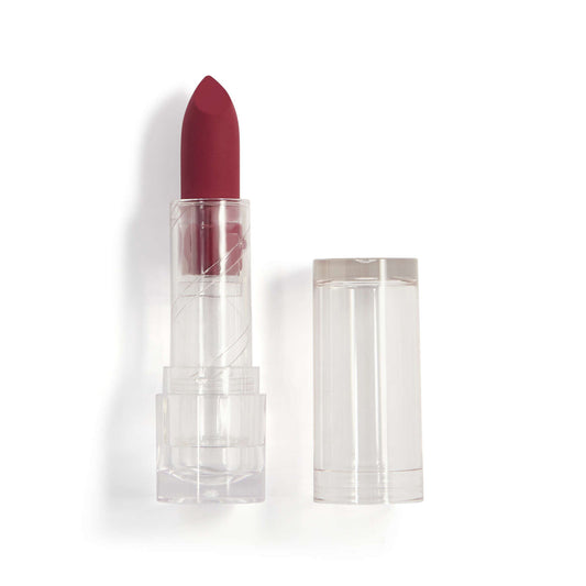 Red lipstick with clear casing on a white background