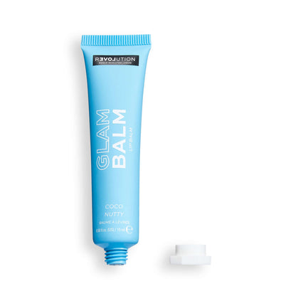 Blue tube of Glam Balm with Revolution branding on a white background