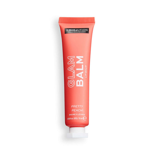 Red tube of Glam Balms Pretty Peach lip balm on a white background