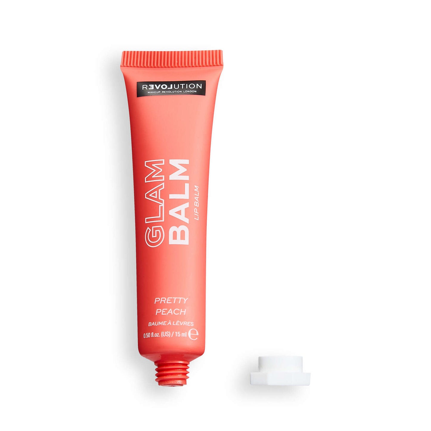 Pink lip balm tube labeled 'Glam Balm' on a white background