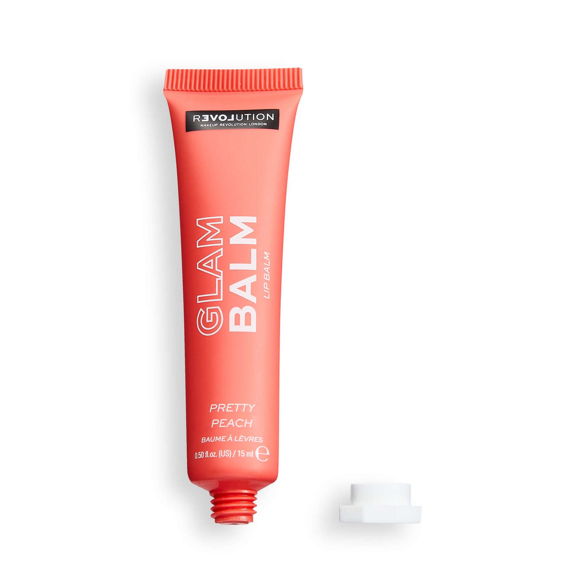 Pink lip balm tube labeled 'Glam Balm' on a white background