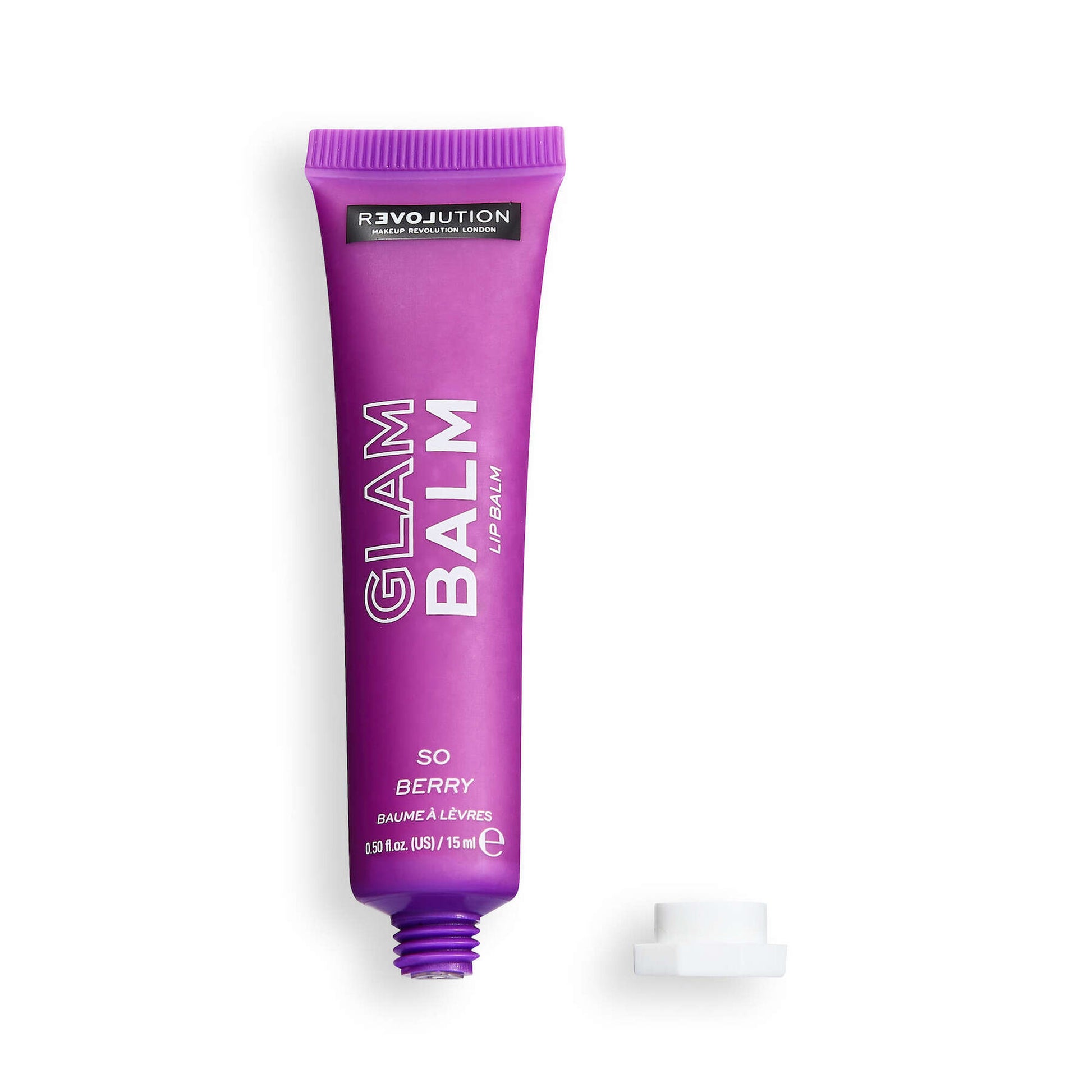 Purple lip balm tube labeled 'Glam Balm' on a white background