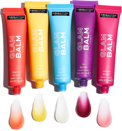 Colorful tubes of Revolution Glam Balms with lip balm samples on a white background