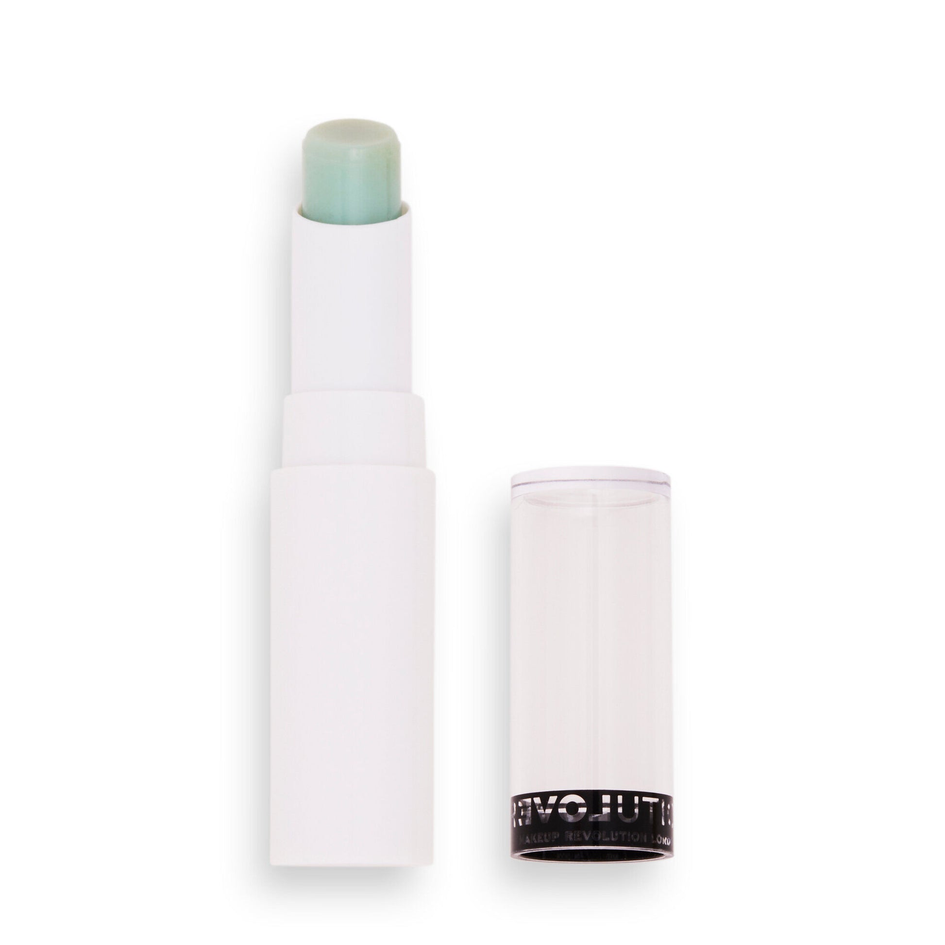 Lip balm with a white container and green cap on a white background
